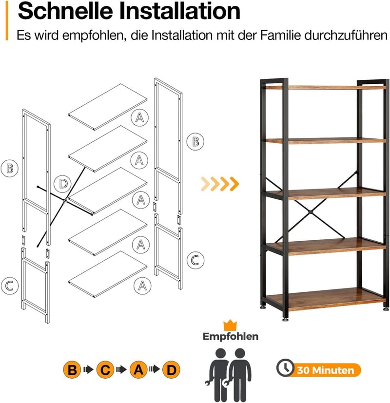 Coleshome 5 szintes könyvespolc tárolóhellyel, 145 cm magas, barna