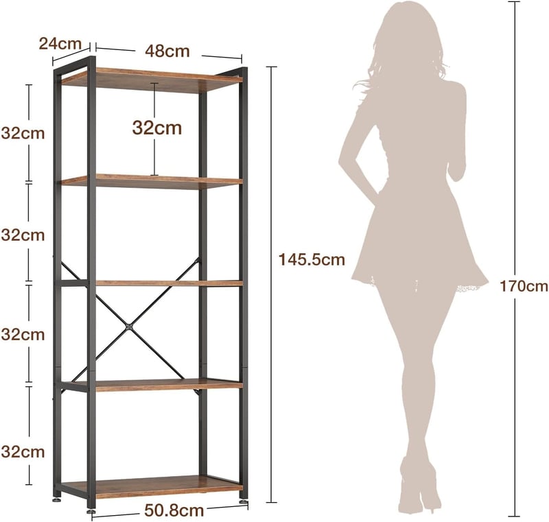 Coleshome 5 szintes könyvespolc tárolóhellyel, 145 cm magas, barna