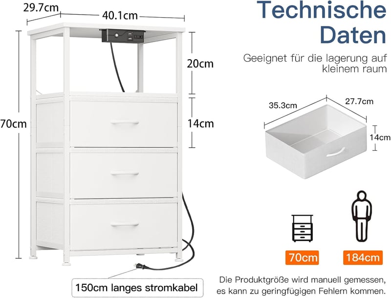 Coleshome fehér éjjeliszekrény USB és LED világítással, 3 fiókkal, 40x30x70 cm - 1