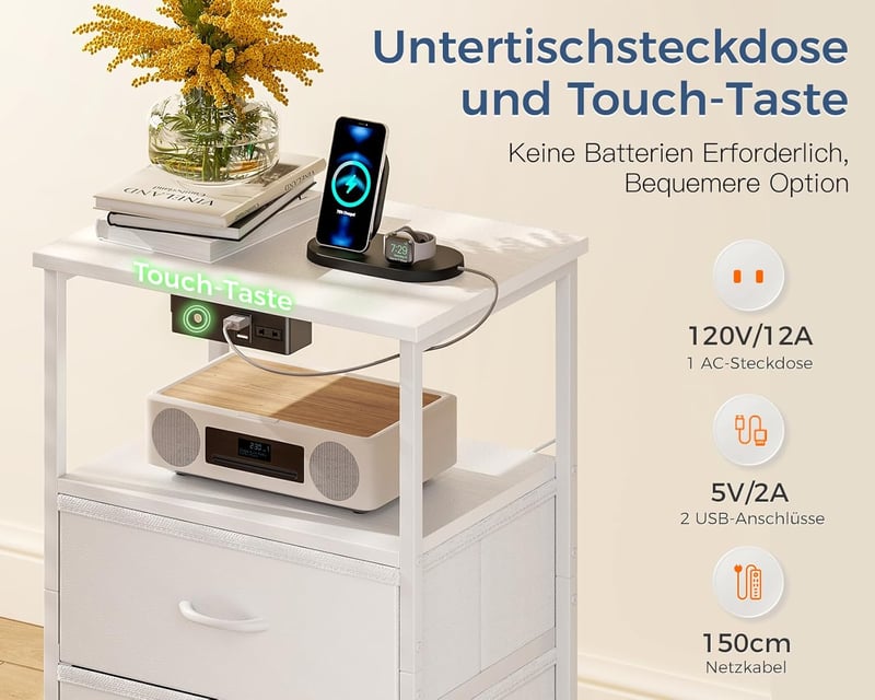 Coleshome fehér éjjeliszekrény USB és LED világítással, 3 fiókkal, 40x30x70 cm - 1