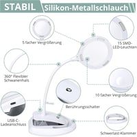 COLFULINE LED Nagyítólámpa 5X 10X Állvánnyal Asztali Lupa Olvasáshoz Állítható Fényerő 2