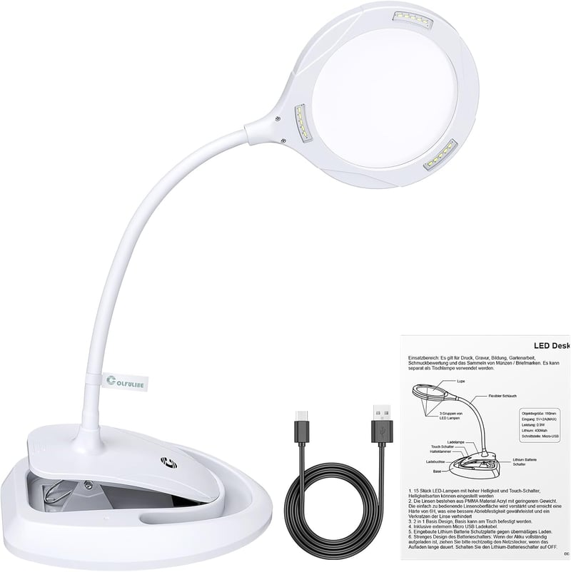 COLFULINE LED Nagyítólámpa 5X 10X Állvánnyal Asztali Lupa Olvasáshoz Állítható Fényerő