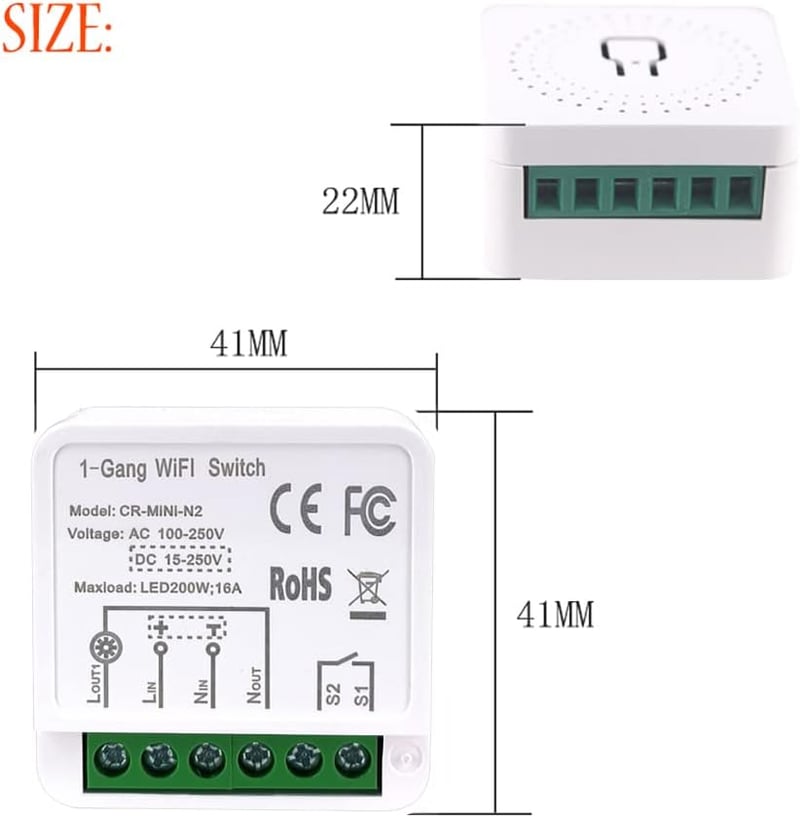 ColoRock WiFi Okos Kapcsolómodul - 2-Utas Mini Relé Modul 16A, Smart Life/Tuya Applikációval, Alexa és Google Home Kompatibilis, Hagyományos