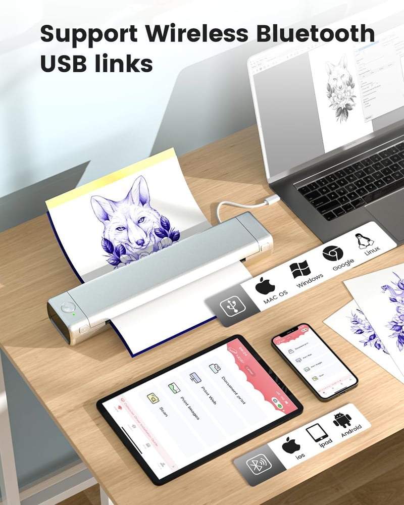 COLORWING M08F Hordozható Nyomtató A4 Bluetooth Tintamentes Ezüst iOS Android Telefonhoz Tabletre Laptophoz