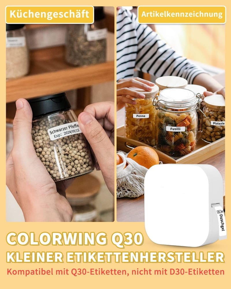COLORWING Q30 Bluetooth Címkenyomtató, Hordozható Mini Címkéző Készülék iOS Android Kompatibilis, Fehér