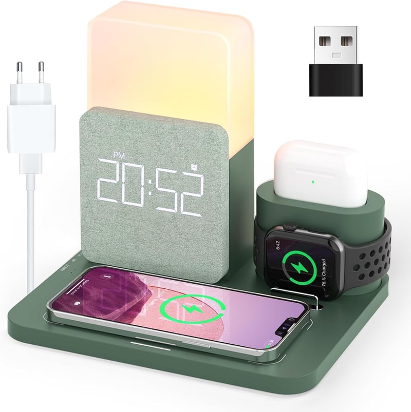COLSUR 3-in-1 Vezeték Nélküli Töltő Állomás 15W Éjjeli Lámpával és Ébresztőórával iPhone 16/15/14/13/12/11/X/8 Pro Indukciós Töltő