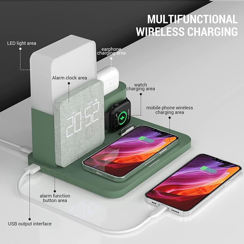 COLSUR 3-in-1 Vezeték Nélküli Töltő Állomás 15W Éjjeli Lámpával és Ébresztőórával iPhone 16/15/14/13/12/11/X/8 Pro Indukciós Töltő