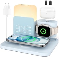 COLSUR 5 az 1-ben töltőállomás kék Apple Watch iPhone AirPods 15W gyors vezeték nélküli töltő éjjeli lámpával ébresztővel 1