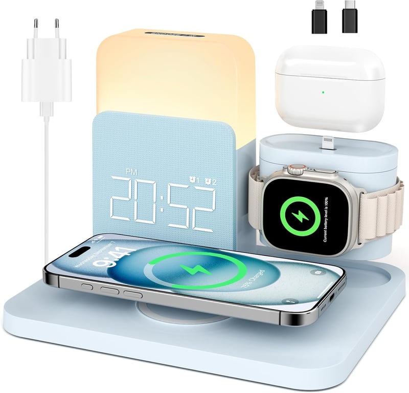 COLSUR 5 az 1-ben töltőállomás kék Apple Watch iPhone AirPods 15W gyors vezeték nélküli töltő éjjeli lámpával ébresztővel