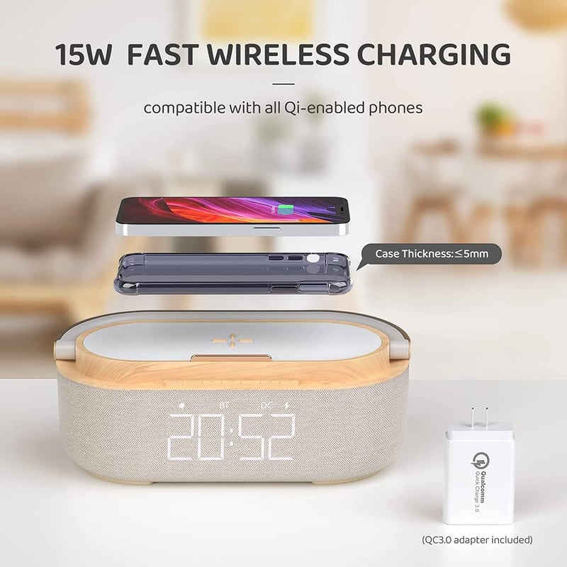 COLSUR digitális ébresztőóra rádió vezeték nélküli töltővel, Bluetooth hangszóró USB csatlakozóval