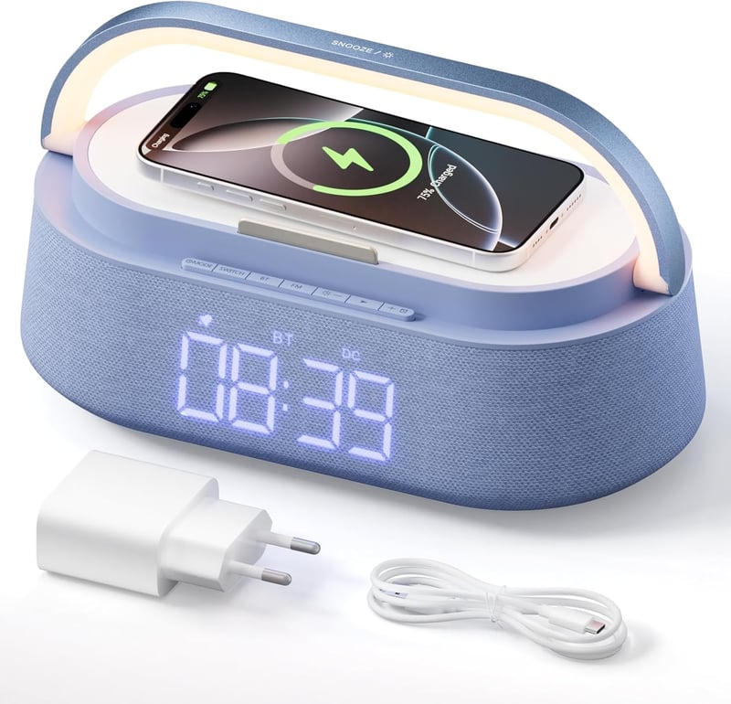 COLSUR digitális ébresztőóra vezeték nélküli töltővel, Bluetooth hangszóróval és éjszakai lámpával