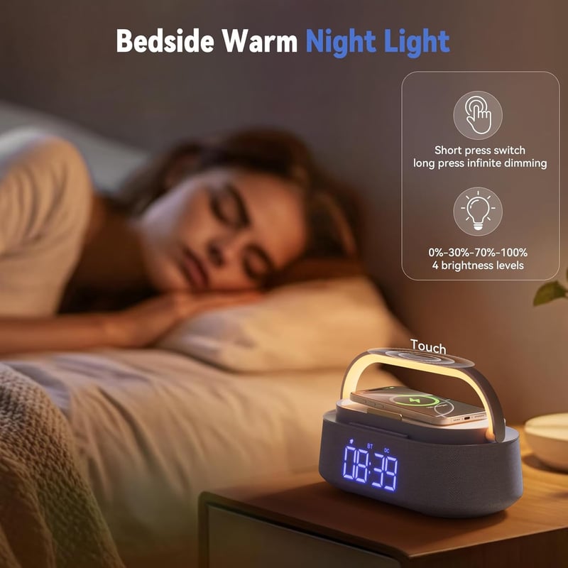 COLSUR digitális ébresztőóra vezeték nélküli töltővel, Bluetooth hangszóróval és éjszakai lámpával
