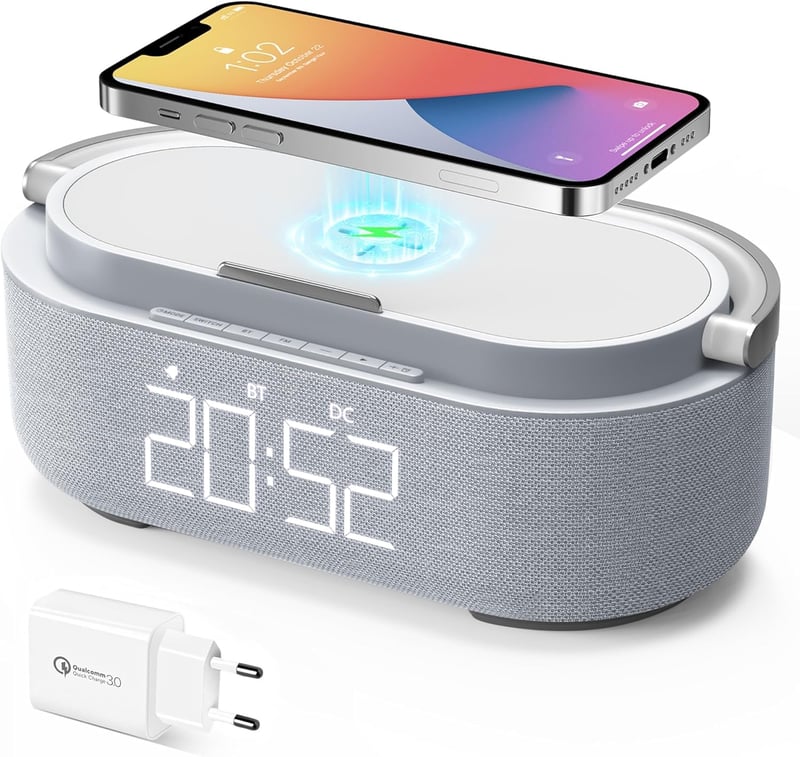 COLSUR Digitális Rádiós Ébresztőóra Vezeték Nélküli Töltővel, Bluetooth Hangszóró USB Töltő, Szundi Funkció, Éjjeli Lámpa