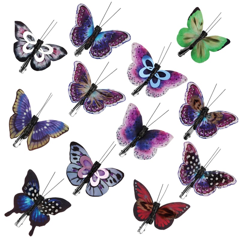 com-four Set de 12 fluturi decorativi cu clips - Fluturi artificiali colorați pentru aranjamente de masă - Decorațiune de toamnă cu clemă - 8 cm