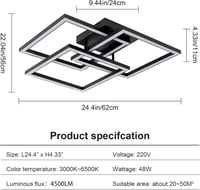 Comely Modern Fekete Mennyezeti LED Lámpa 62 cm - Távirányítós, Fényerőszabályozható, 40W 4500LM, 3000K-6500K, Nappali, Háló, Étkező 2