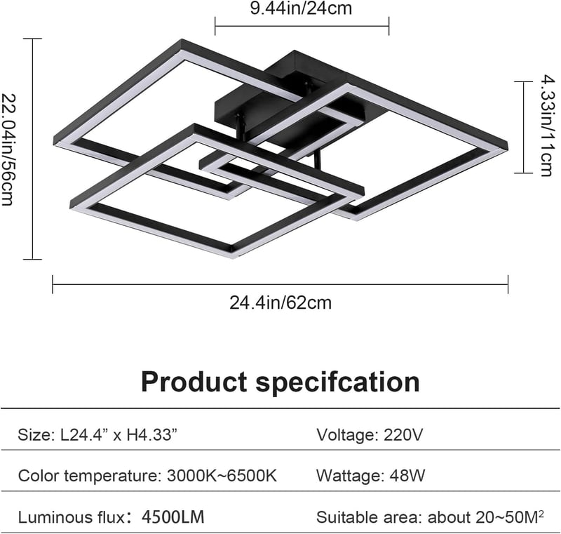 Comely Modern Fekete Mennyezeti LED Lámpa 62 cm - Távirányítós, Fényerőszabályozható, 40W 4500LM, 3000K-6500K, Nappali, Háló, Étkező