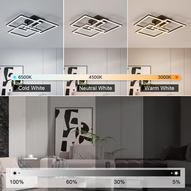 Comely Modern Fekete Mennyezeti LED Lámpa 62 cm - Távirányítós, Fényerőszabályozható, 40W 4500LM, 3000K-6500K, Nappali, Háló, Étkező