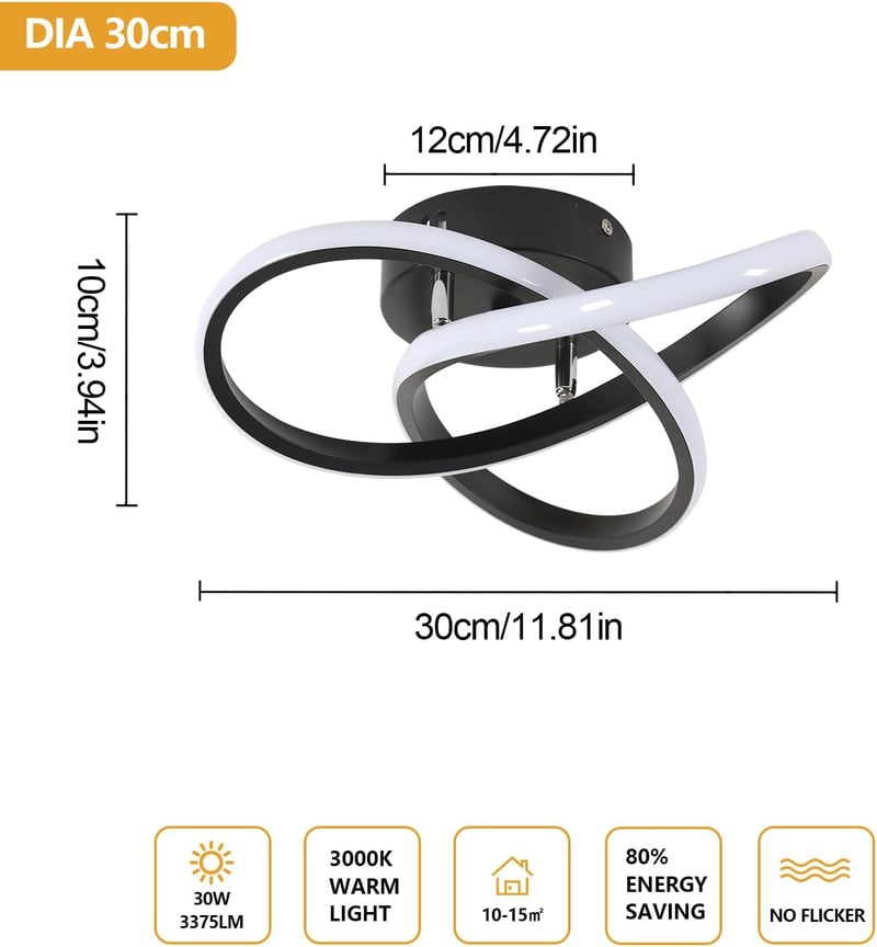Comely Modern LED Mennyezeti Lámpa, 30W, 3375lm, Fekete Alumínium, 30cm, Meleg Fehér 3000K, Nappaliba, Hálóba, Konyhába, Energiatakarékos