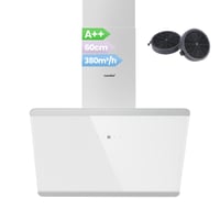 Comfee CH60J64ET4A2W Zidna kuhinjska napa 60 cm, bijela/inox, A++, kaminasta, s ugljenim filtrom, BLDC motor, 380 m³/h, LED, dodirno upravljanje, maks. 64 dB, staklo/nehrđajući čelik 1