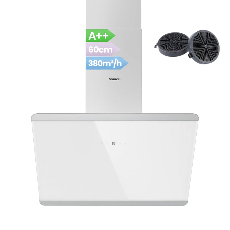 Comfee CH60J64ET4A2W Zidna kuhinjska napa 60 cm, bijela/inox, A++, kaminasta, s ugljenim filtrom, BLDC motor, 380 m³/h, LED, dodirno upravljanje, maks. 64 dB, staklo/nehrđajući čelik