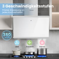 Comfee CH60J64ET4A2W Zidna kuhinjska napa 60 cm, bijela/inox, A++, kaminasta, s ugljenim filtrom, BLDC motor, 380 m³/h, LED, dodirno upravljanje, maks. 64 dB, staklo/nehrđajući čelik 5