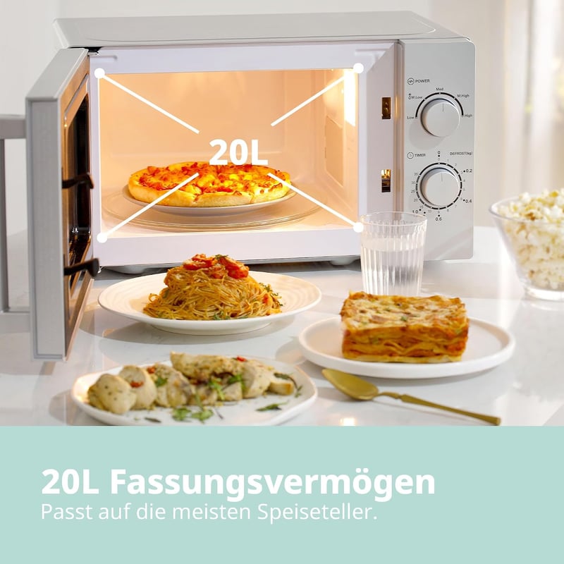 Comfee CMSN 20 si mikrohullámú sütő 20L 700W ezüst színben, egykamrás, 5 teljesítményszint, belső világítás, gyors kiolvasztás, 360 fokos fo