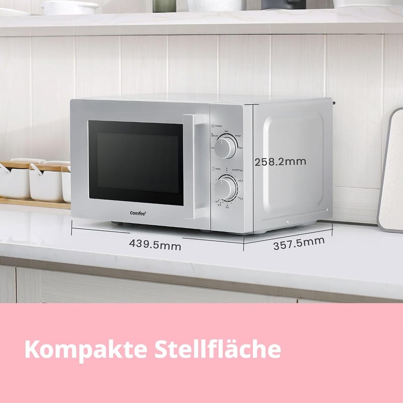 Comfee CMSN 20 si mikrohullámú sütő 20L 700W ezüst színben, egykamrás, 5 teljesítményszint, belső világítás, gyors kiolvasztás, 360 fokos fo