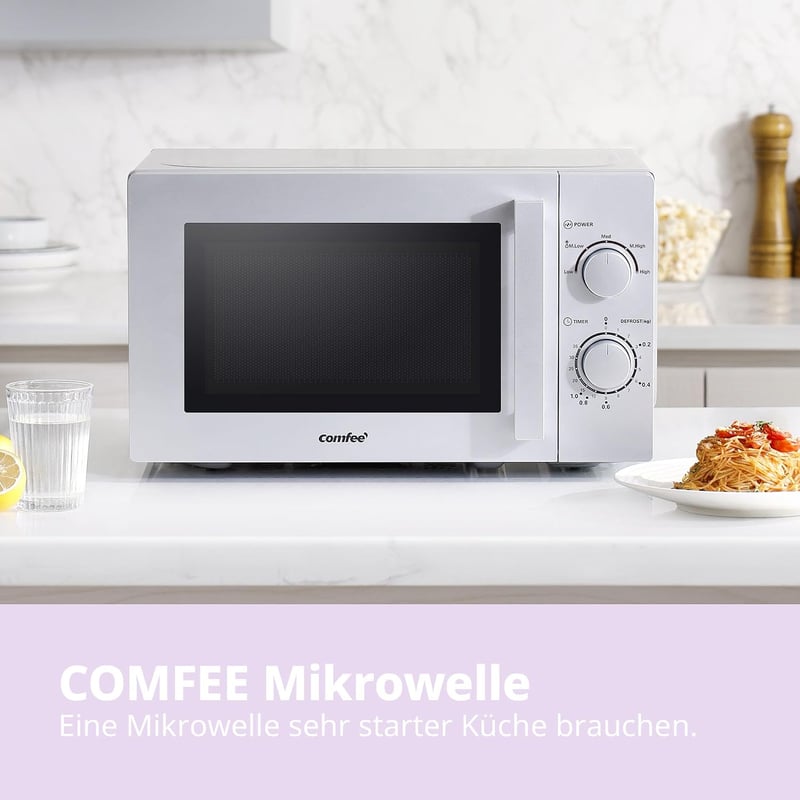 Comfee CMSN 20 si mikrohullámú sütő 20L 700W ezüst színben, egykamrás, 5 teljesítményszint, belső világítás, gyors kiolvasztás, 360 fokos fo