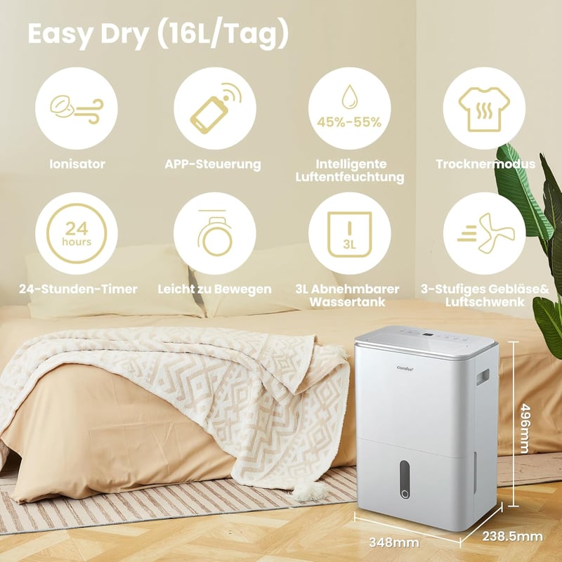 COMFEE Easy Dry 16L/nap Párátlanító, 4 Üzemmód, 3L Víztartály, Ruhaszárító Funkció, 44m² Területre, Automata Kikapcsolás, Mosható Szűrő