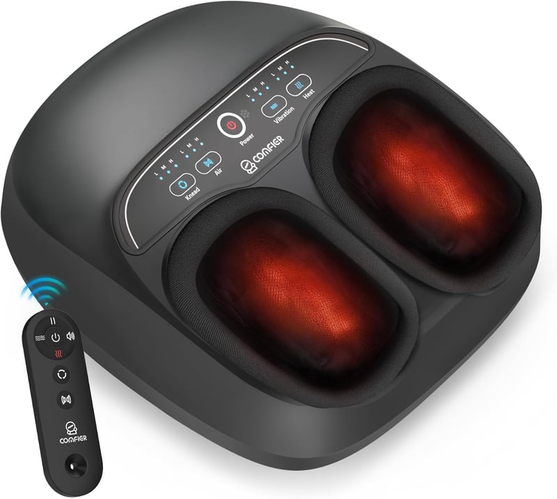 COMFIER Elektromos Lábmasszírozó Készülék Melegítő Funkcióval - 3D Gyúró Masszázs, Légkompresszió, 3 Intenzitási Szint, 46-os Lábméretig