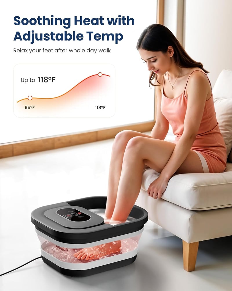 COMFIER Összecsukható Lábfürdő Masszírozóval - Fűtés, Buborék és Vibrációs Funkció, 8 Shiatsu Görgő, Időzítő, Pedikűr Habkő, 35-48°C