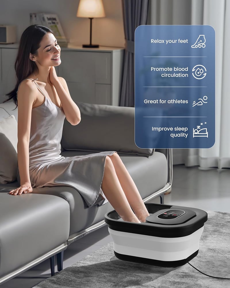 COMFIER Összecsukható Lábfürdő Masszírozóval - Fűtés, Buborék és Vibrációs Funkció, 8 Shiatsu Görgő, Időzítő, Pedikűr Habkő, 35-48°C