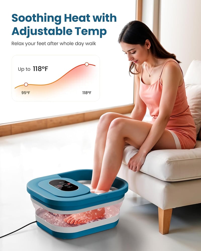 COMFIER Összecsukható Lábfürdő Masszírozóval - Shiatsu Görgők, Buborékos Vibráció, Fűtés 35-48°C, Időzítő, Pedikűr Habkő, Fekete