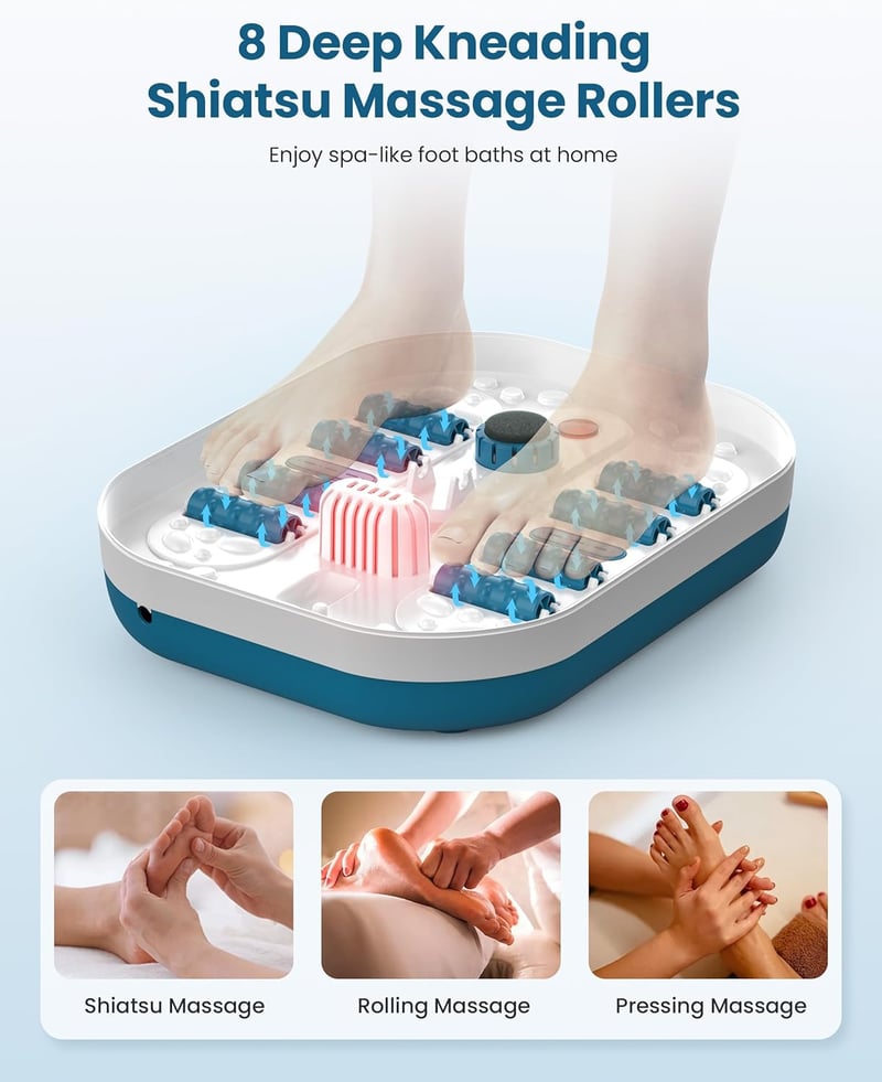 COMFIER Összecsukható Lábfürdő Masszírozóval - Shiatsu Görgők, Buborékos Vibráció, Fűtés 35-48°C, Időzítő, Pedikűr Habkő, Fekete