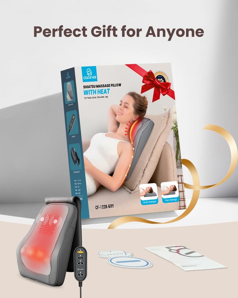 COMFIER Shiatsu Nyakmasszírozó Melegítő Funkcióval - 4D Gyúró Hátmasszírozó Izomfájdalom Enyhítésre, Nyak, Hát és Láb Masszázsra, Ajándék Fé