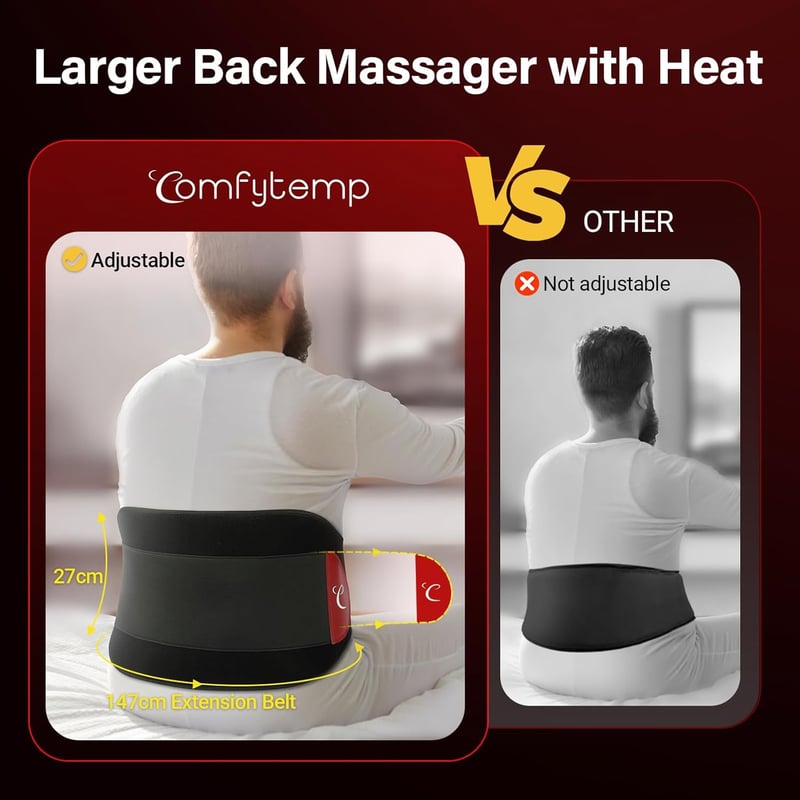 Comfytemp Infravörös Hátmasszázs Öv Akkumulátorral, 10 Hőfok 5 Vibrációs Mód App Vezérléssel 27x155cm Vezeték Nélküli Melegítő Öv