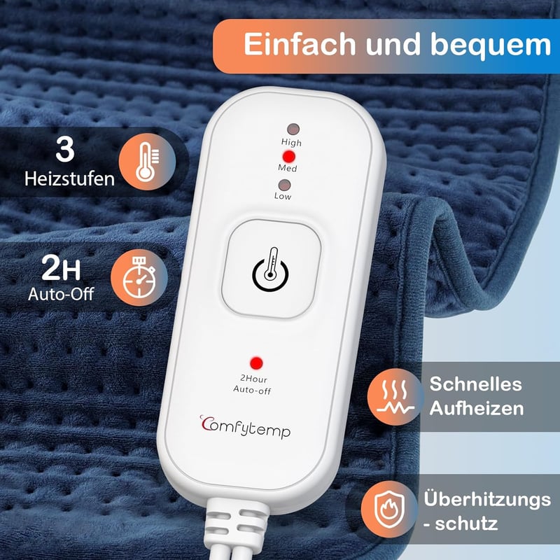 Comfytemp XXL Elektromos Melegítőpárna 83x43 cm - Puha Fűtőpárna Automatikus Kikapcsolással, Túlmelegedés Elleni Védelemmel Hátra, Vállra, D
