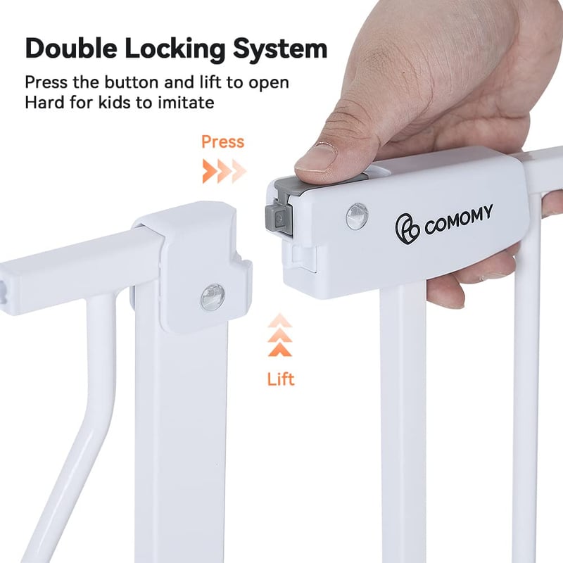 COMOMY Biztonsági Ajtórács 75-123 cm - Automatikusan Záródó Fém Gyerekkapu Kisállatátjáróval - Fúrás Nélkül Telepíthető Lépcsőkorlát Gyereke