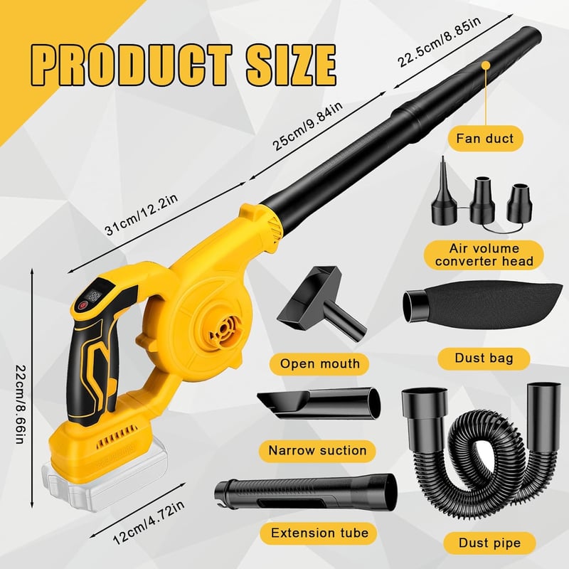 ConBlom akkus lombfújó és lombszívó kézi DeWalt 20V 18V, kefe nélküli motor, 3 sebesség, sárga-fekete, akkumulátor nélkül