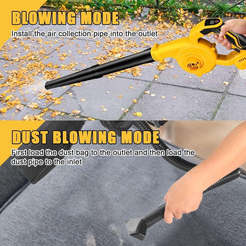 ConBlom akkus lombfújó és lombszívó kézi DeWalt 20V 18V, kefe nélküli motor, 3 sebesség, sárga-fekete, akkumulátor nélkül