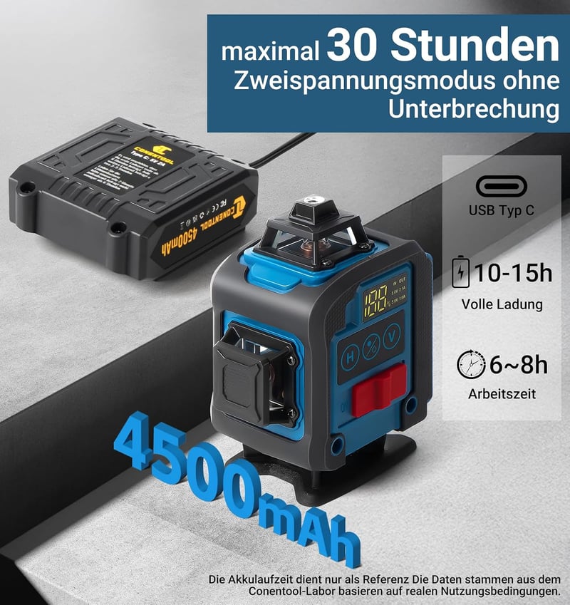 Conentool 16 vonalas zöld keresztsugár lézer szintező, önbeálló 360 fokos, forgatható, 30 óráig, 2x4500 mAh akkumulátor