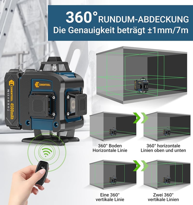 Conentool 16 vonalas zöld keresztsugár lézer szintező, önbeálló 360 fokos, forgatható, 30 óráig, 2x4500 mAh akkumulátor