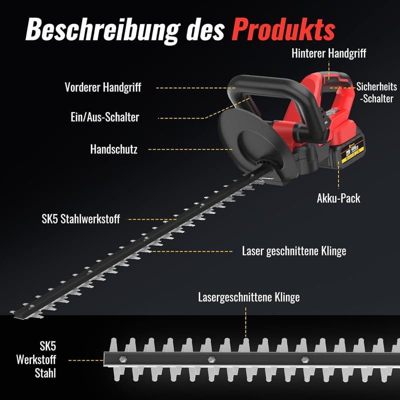 Conentool 21V Akkumulátoros Sövényvágó 55cm Pengével, 4000mAh Töltővel