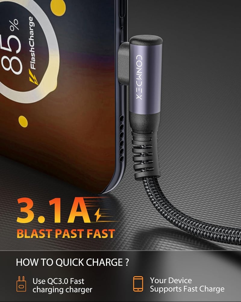 CONMDEX 10Gbps USB-C töltőkábel 30cm 3.1A QC3.0 iPhone Samsung Galaxy