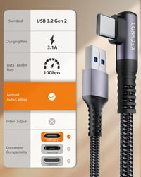 CONMDEX 10Gbps USB-C töltőkábel 30cm 3.1A QC3.0 iPhone Samsung Galaxy 8