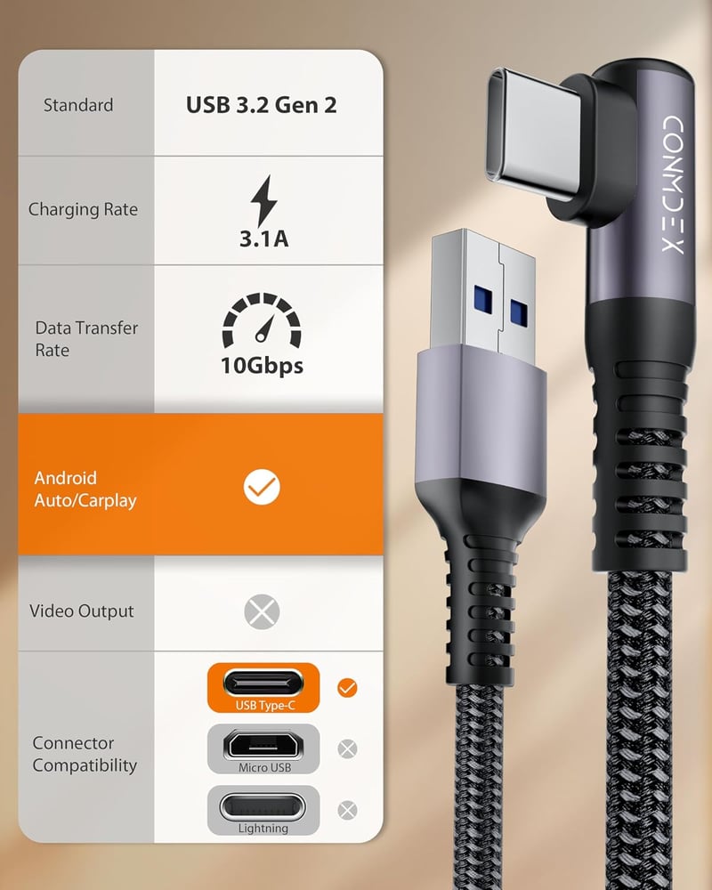 CONMDEX 10Gbps USB-C töltőkábel 30cm 3.1A QC3.0 iPhone Samsung Galaxy