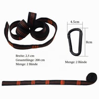 CONNECTION Popruhy na upevnenie hamaky 2 m x 2,5 cm, 2 ks s karabínami, nosnosť 300 kg, na kempovanie, záhradnú hojdačku a vonkajšie použitie 2