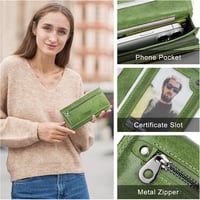 Portofel tip clutch mic din piele naturală CONTACTS cu fermoar, pentru carduri, monede și telefon, verde 6
