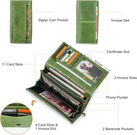 Portofel tip clutch mic din piele naturală CONTACTS cu fermoar, pentru carduri, monede și telefon, verde 2