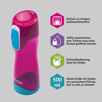 Bidon pentru copii Contigo Swish Autoseal 500 ml, sticlă sport din plastic fără BPA, 100% etanșă, cu închidere automată, pentru școală și sport, magenta 2